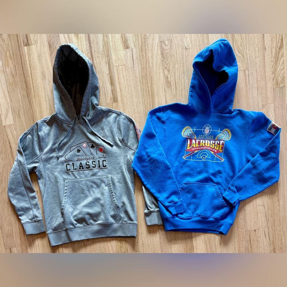 2 Hoodies Sweatshirts Gray Blackjack Classic Blue AYL Lax Championship Youth XL